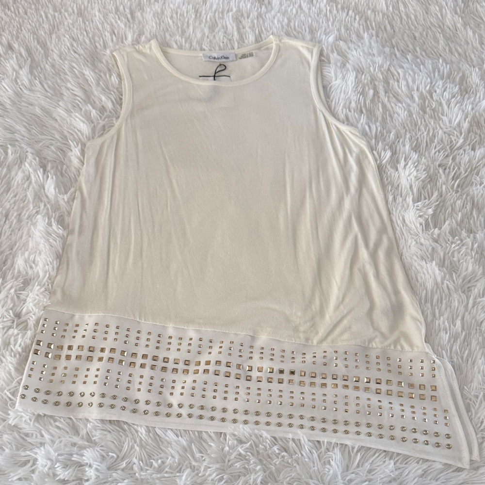 Calvin Klein Cream Tank Top with Studded Hem